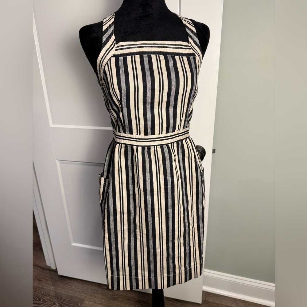 Madewell Apron Mini Dress in Evelyn Stripe linen cotton blend cross back pockets - Picture 2 of 11